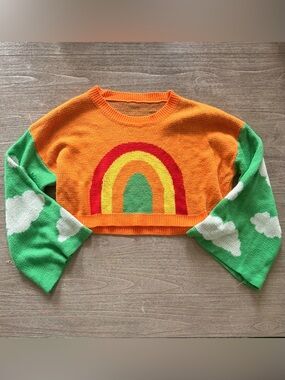 Vintage Cropped Rainbow Sweater with Green Cloud Sleeves loose fit
